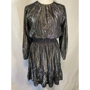 LOFT Mini Dress Black Metallic Acubi Goth Punk Rock XSP Smocked Puff Sleeve NEW